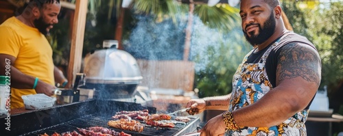 A joyful man grilling barbe...