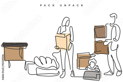 hand drawn line art vector of a family of two with their daughter unpacking and shifting.