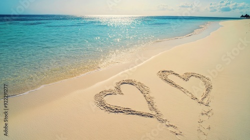 Two Hearts Drawn in the Sand on a Beach