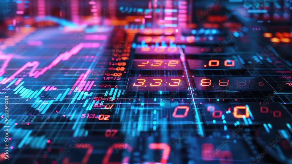 Vibrant digital data visualization with graphs, numbers, and colorful neon lighting for finance and technology themes. Vibrant digital data visualization with graphs, numbers, and colorful neon lighting for finance and technology themes.