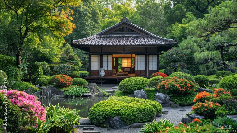 Tranquil Japanese Tea House in a Serene Garden Setting with Open Door Leading Inside Tranquil Japanese Tea House in a Serene Garden Setting with Open Door Leading Inside