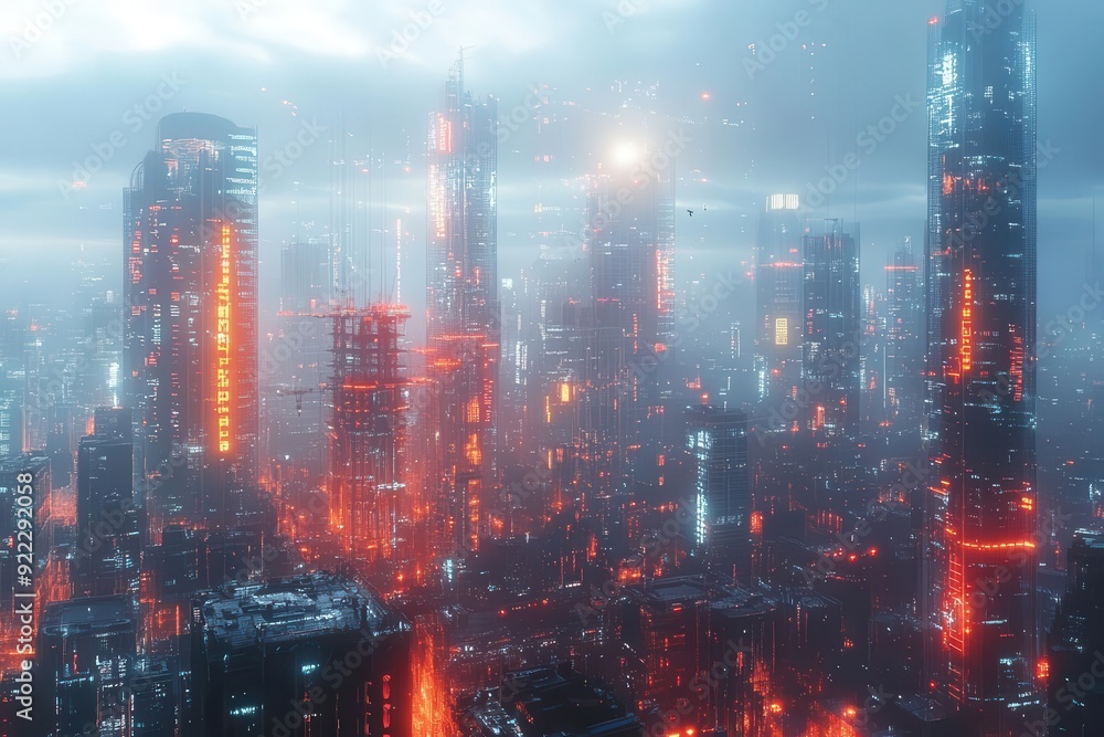 Fototapeta premium futuristic cityscape with multiple construction sites featuring advanced robotic cranes and 3dprinting technology building skyscrapers