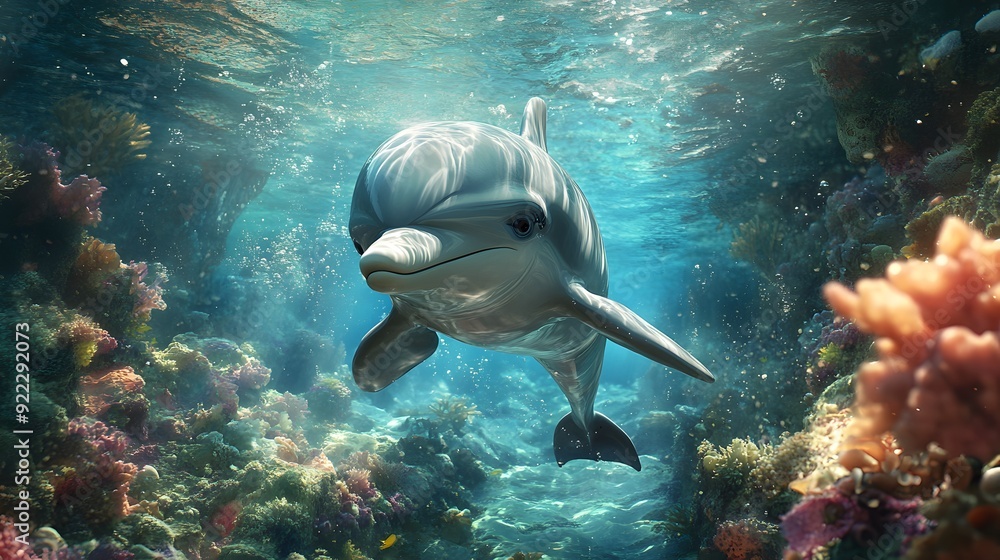 Fototapeta premium Dolphin swimming through coral reef.