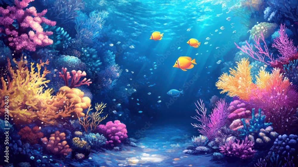 Obraz premium Vibrant Underwater Scene with Coral Reef and Fish