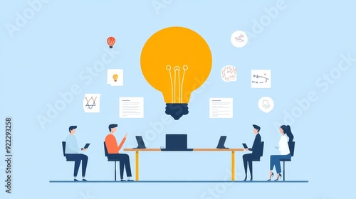 A creative workspace featuring a large light bulb symbolizing innovative ideas and teamwork among individuals engaged in discussion.