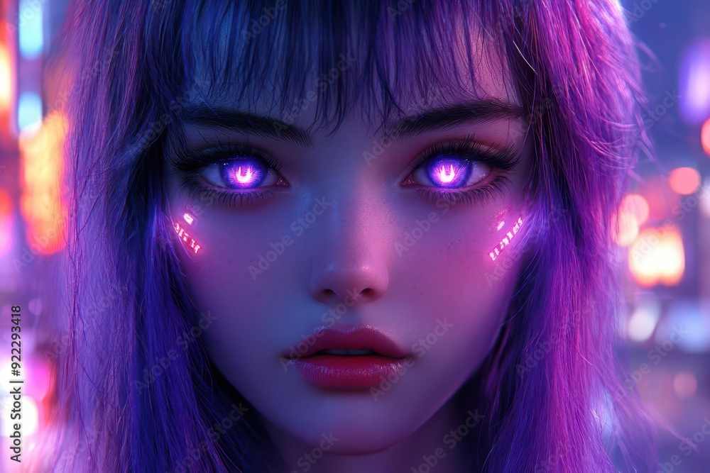 Fototapeta premium futuristic cyberpunk anime girl with vibrant purple hair neonlit cityscape background