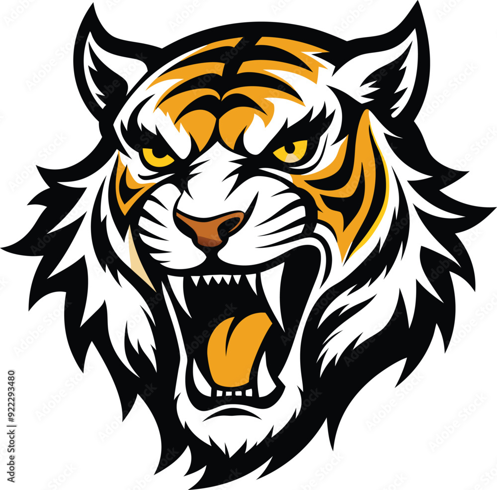 Obraz premium Fierce Angry Tiger Silhouette - Black Vector Illustration, Discover a striking black vector silhouette of an angry tiger, capturing the fierce and powerful nature of this majestic predator.