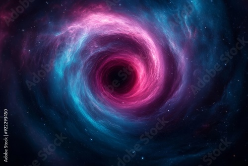 A deep blue and pink swirl of space with stars and a black hole in the center