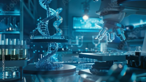 A high-tech laboratory featuring DNA models and a microscope for scientific research.