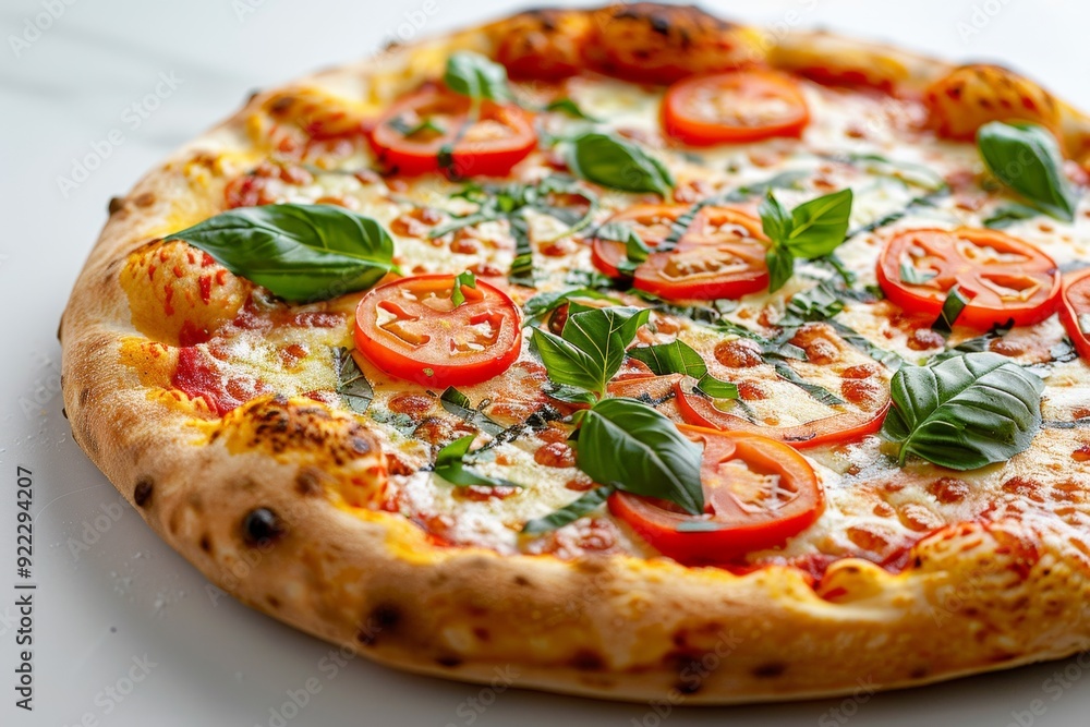 Close-up of a freshly baked margherita pizza with vibrant tomatoes and basil leaves Close-up of a freshly baked margherita pizza with vibrant tomatoes and basil leaves
