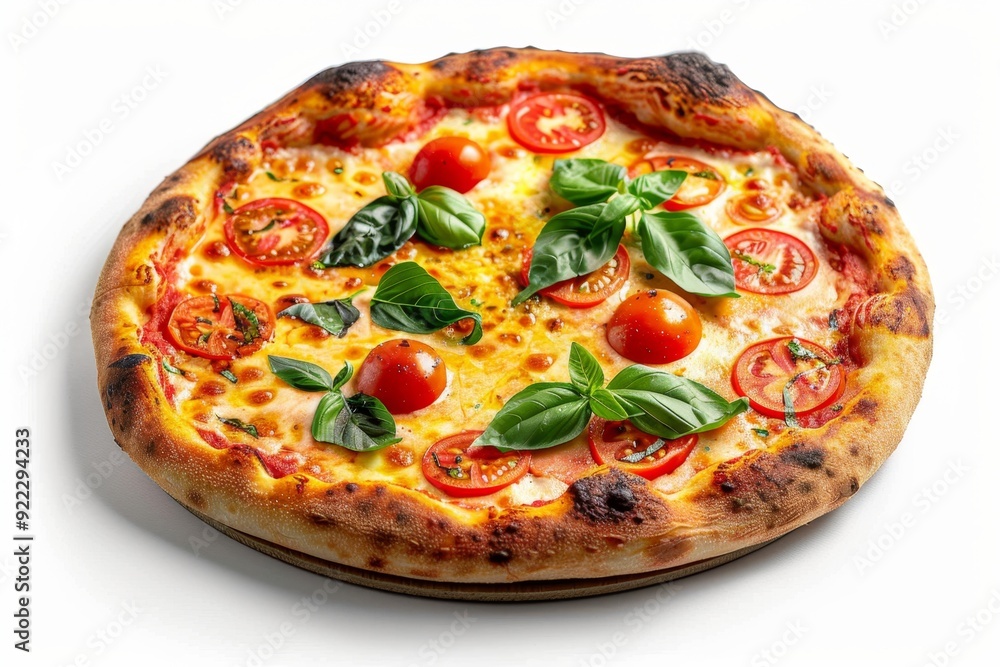 Close-up of a freshly baked margherita pizza with vibrant tomatoes and basil leaves