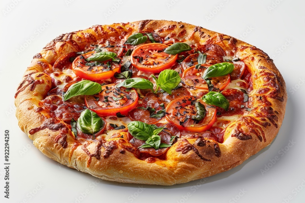 Close-up of a freshly baked margherita pizza with vibrant tomatoes and basil leaves Close-up of a freshly baked margherita pizza with vibrant tomatoes and basil leaves