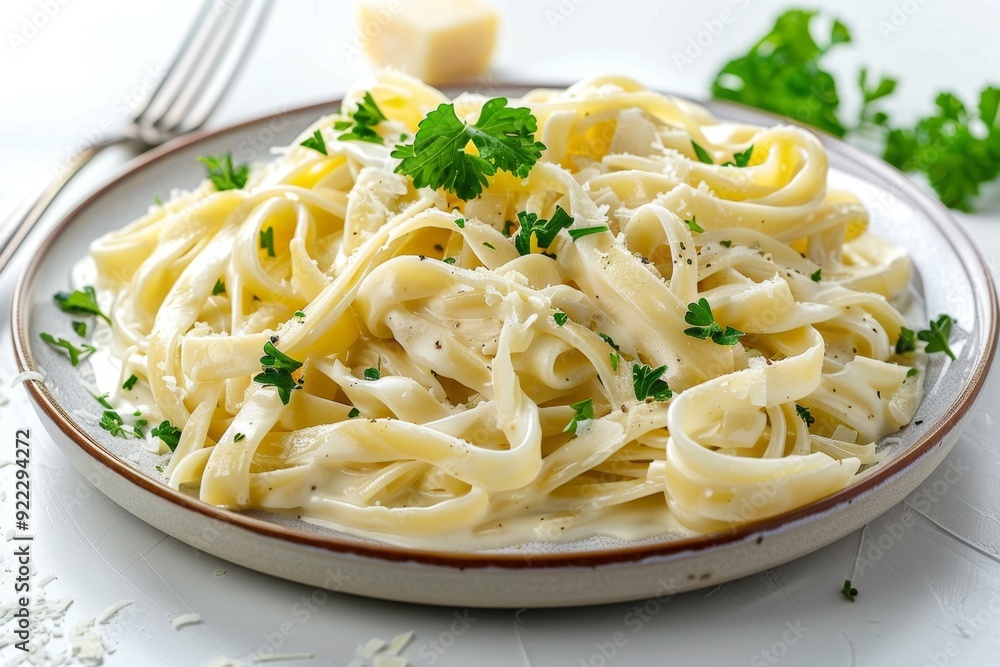 A plate of creamy fettuccine Alfredo garnished with parsley and Parmesan cheese, A plate of creamy fettuccine Alfredo garnished with parsley and Parmesan cheese,