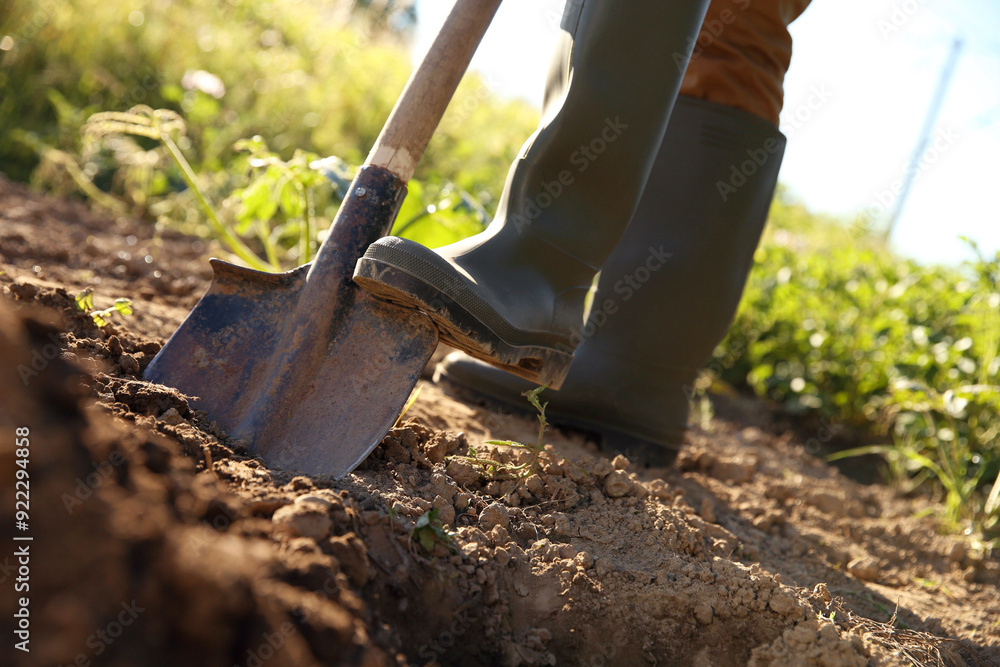Farmer digging soil with shovel on sunny day, closeup Farmer digging soil with shovel on sunny day, closeup