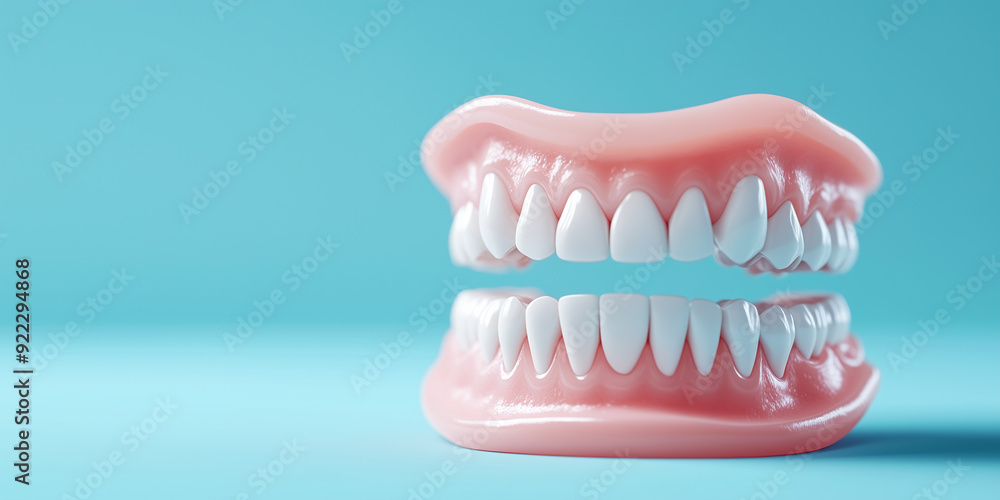 Obraz premium Teeth model with space for text on blue background