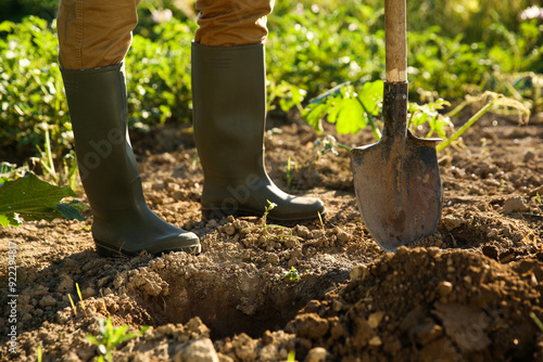 Farmer with shovel on sunny day, closeup