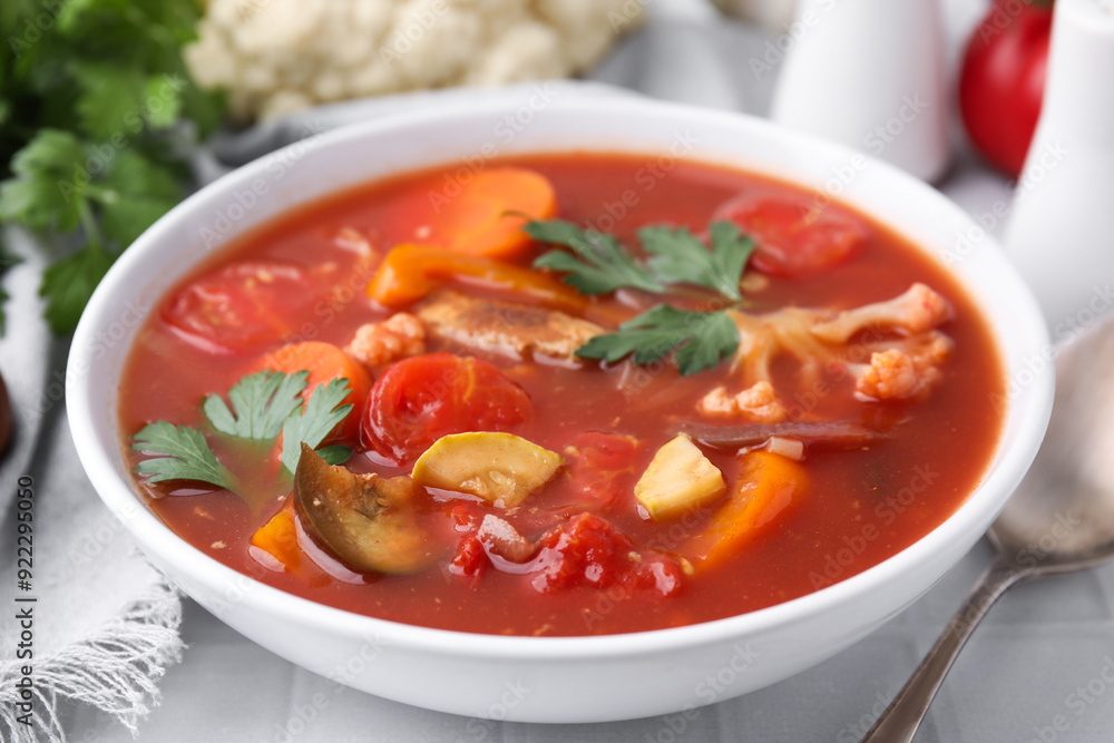 Delicious homemade stew in bowl on white tiled table, closeup Delicious homemade stew in bowl on white tiled table, closeup