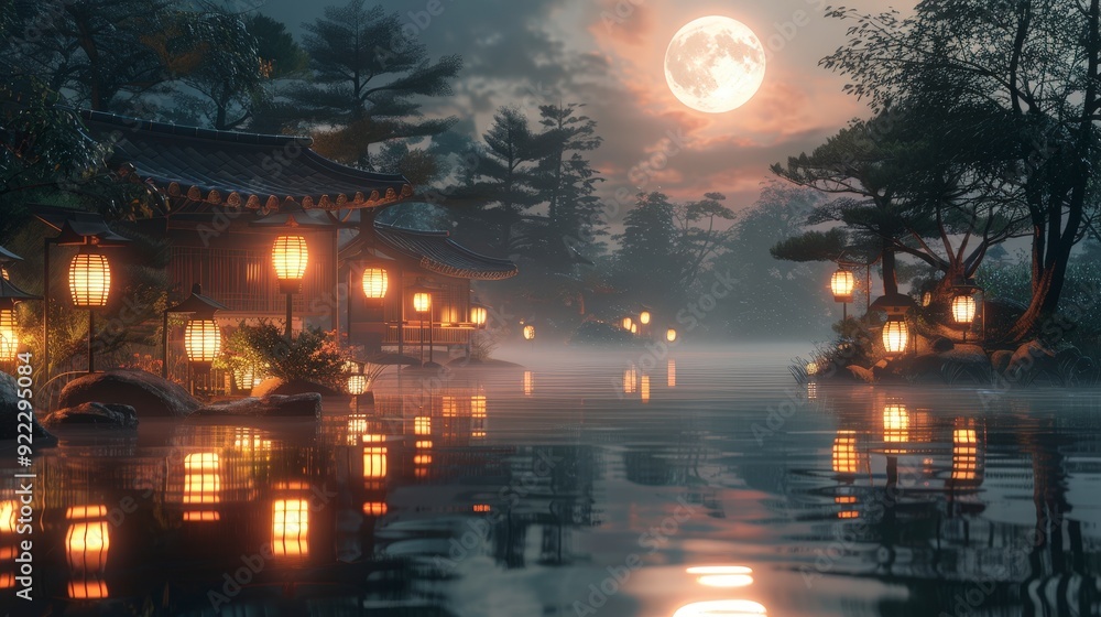 Serene Japanese Garden Night Scene with Illuminated Lanterns, Full Moon, and Peaceful Ambiance Serene Japanese Garden Night Scene with Illuminated Lanterns, Full Moon, and Peaceful Ambiance