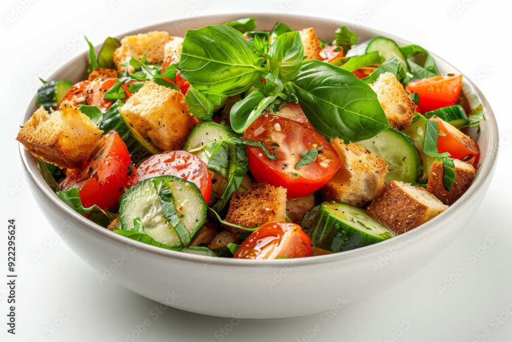 A bowl of panzanella salad with ripe tomatoes, cucumbers A bowl of panzanella salad with ripe tomatoes, cucumbers