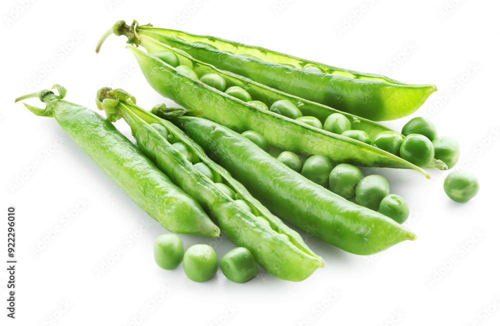 Green fresh peas and pods isolated on white Green fresh peas and pods isolated on white
