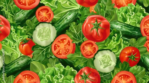 Healthy seamless pattern of mixed vegetables like tomatoes, cucumbers, and lettuce.