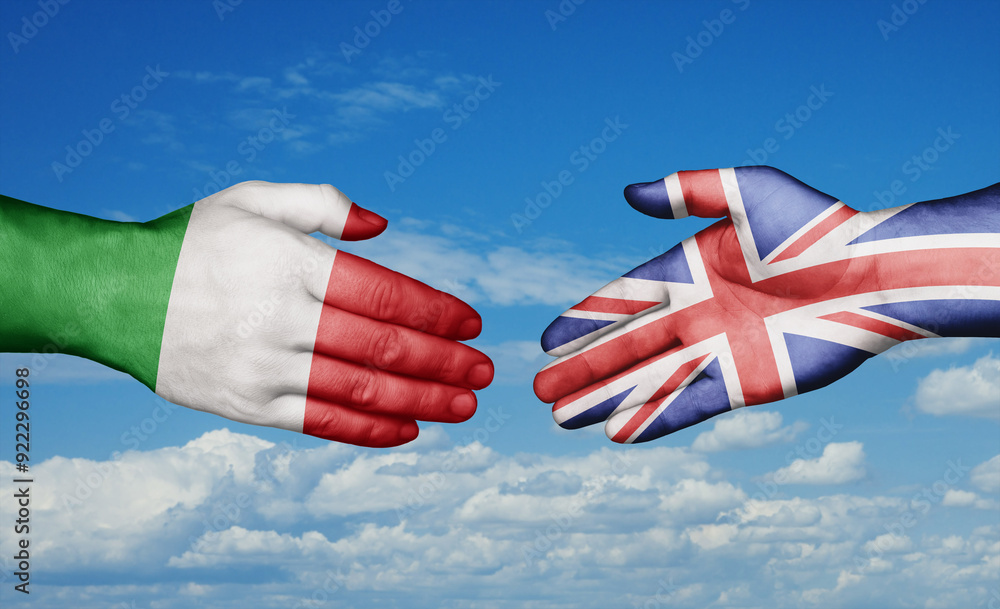United Kingdom and Italy country handshaking with flags, consensus concept international co-operation illustration