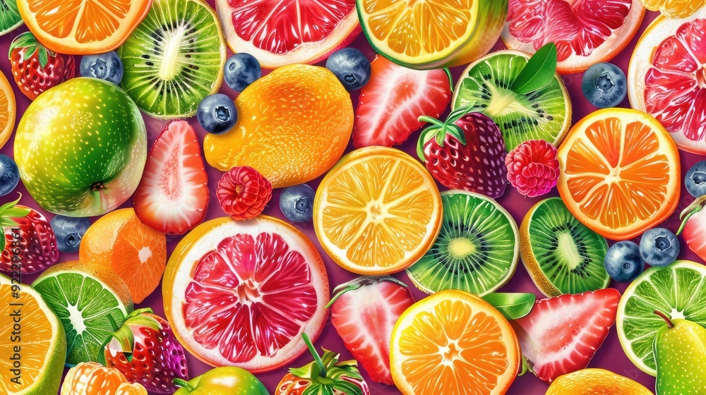 Fototapeta premium Juicy and delicious seamless pattern of mixed fruits in bright colors.