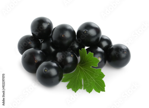 Fresh ripe black currant berries with leaf isolated on white