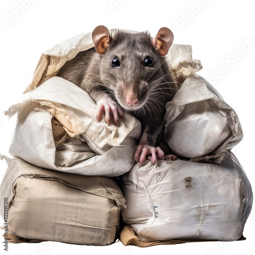 Isolated Pack Rat Curiously Poking Out from Stacks of Bundled Items. photo