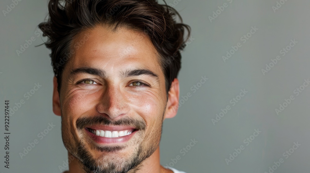 Radiant man with a glowing complexion, smiling at the camera. Copy space available on the right side. Radiant man with a glowing complexion, smiling at the camera. Copy space available on the right side.