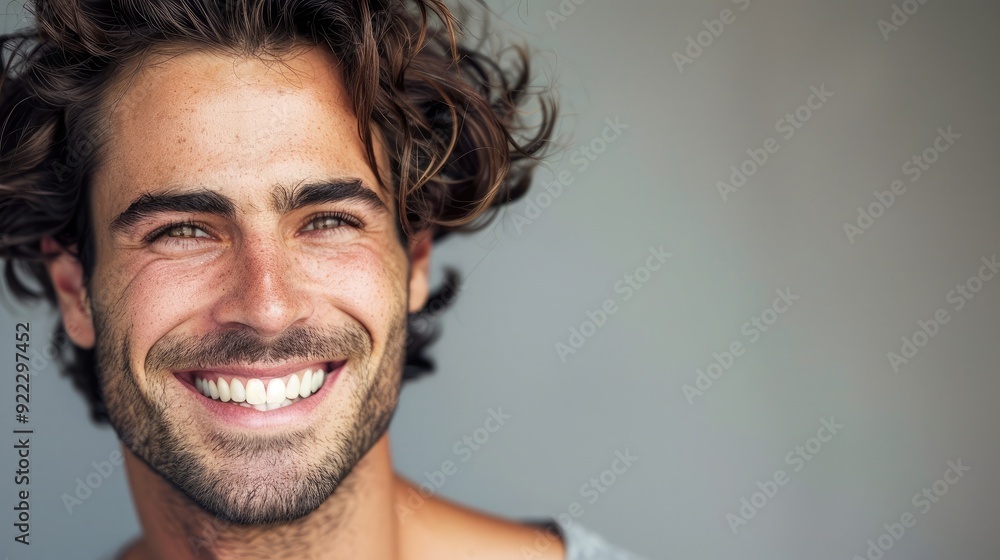 Obraz premium Radiant man with a glowing complexion, smiling at the camera. Copy space available on the right side.