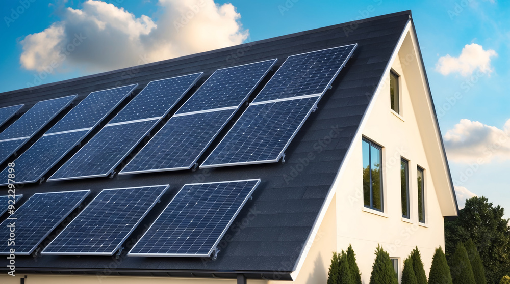 Solar panels on a modern house during a clear day in a suburban neighborhood Solar panels on a modern house during a clear day in a suburban neighborhood