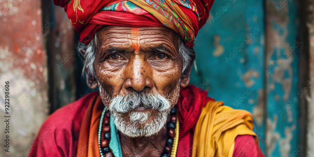 A man with a beard and mustache wearing a red turban and yellow scarf A man with a beard and mustache wearing a red turban and yellow scarf
