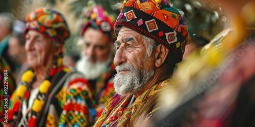 A man with a beard and a colorful hat is sitting with two other men