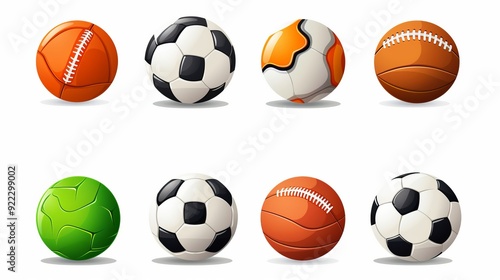 Dynamic sports shop logo featuring group of team game balls isolated on white background, highlighting soccer, basketball, baseball, tennis, and volleyball equipment for active lifestyle branding and 