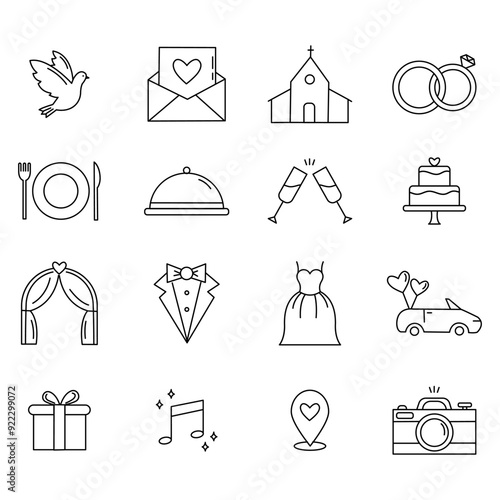 A modern set of wedding line icons. Collection of marriage themed objects. Dove, invitation, church, plate, crockery, champagne glasses, cake, rings, tux, tuxedo, dress, car, gift, photo camera.