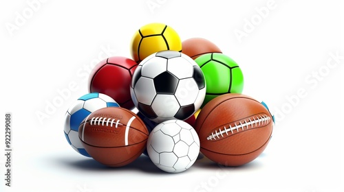 Dynamic sports shop logo featuring group of team game balls isolated on white background, highlighting soccer, basketball, baseball, tennis, and volleyball equipment for active lifestyle branding and 