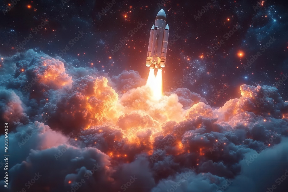 Fototapeta premium futuristic laptop with holographic display projecting a sleek rocket launch symbolizing rapid business growth and digital innovation in a glowing cyberenvironment