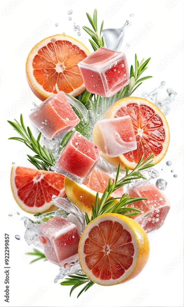 Creative Grapefruit Exotic Fruit in Mid Air with Swirling Ice and Juice, Dynamic Splashing Action and Vibrant Liquid Motion for Fresh, Energetic Visuals for Poster and Digital Design Creative Grapefruit Exotic Fruit in Mid Air with Swirling Ice and Juice, Dynamic Splashing Action and Vibrant Liquid Motion for Fresh, Energetic Visuals for Poster and Digital Design