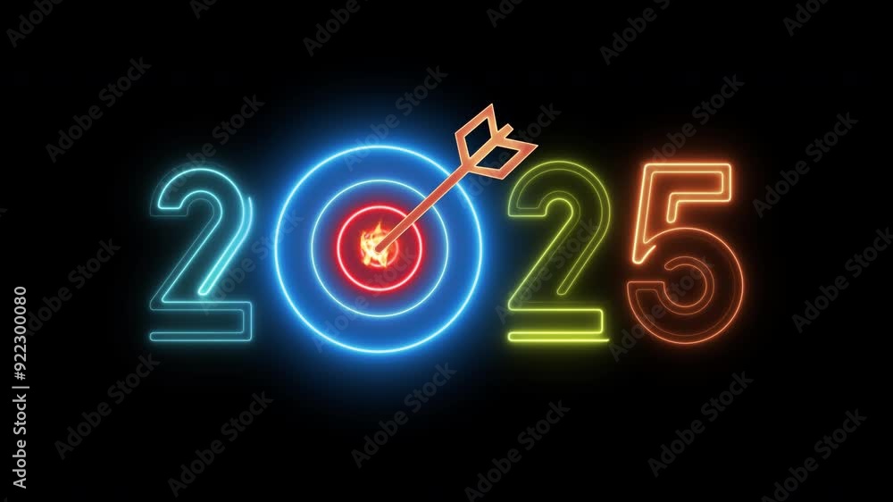 2025 concept of new year beginning, happy celebration, festival, new life, growth of business, investment, innovation. Glowing neon line word of 2025 with target icon on transparent background. 2025 concept of new year beginning, happy celebration, festival, new life, growth of business, investment, innovation. Glowing neon line word of 2025 with target icon on transparent background.