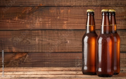 Beer bottles on a rustic wooden table, casual setting