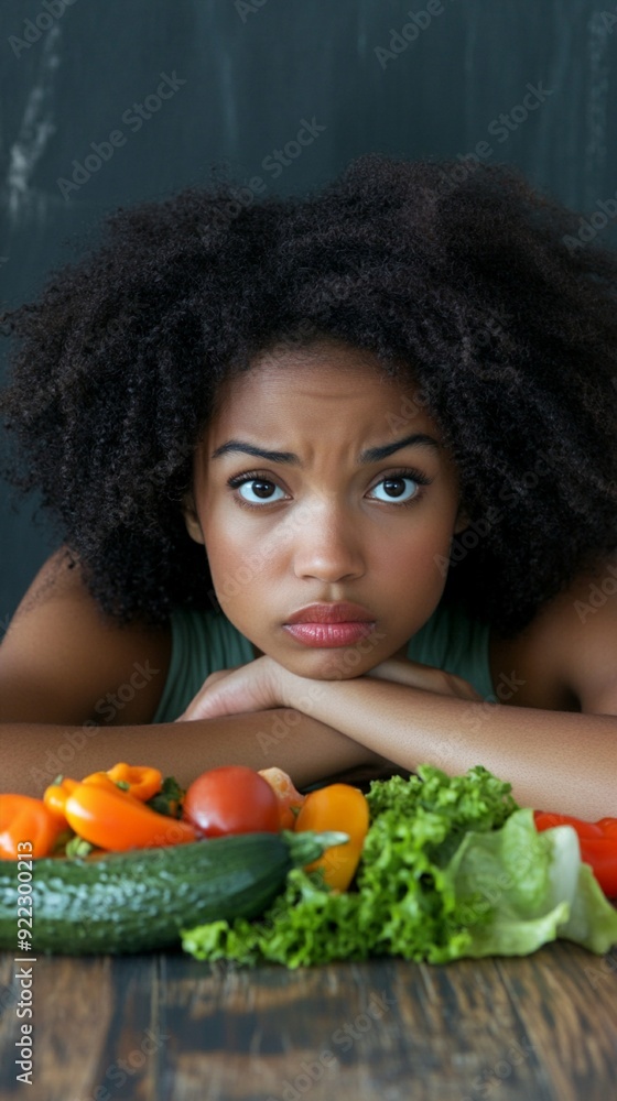 A contemplative woman with natural curly hair rests her chin on her hands, gazing intently over an array of colorful fresh vegetables on a wooden table. A contemplative woman with natural curly hair rests her chin on her hands, gazing intently over an array of colorful fresh vegetables on a wooden table.