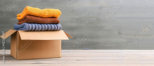 Cardboard box with clothing items, online shopping delivery