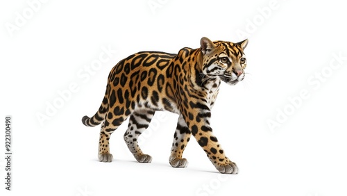 a walking panther, head held high, proud yet bewitching gaze, ocelot pattern, full body, side view on white background 