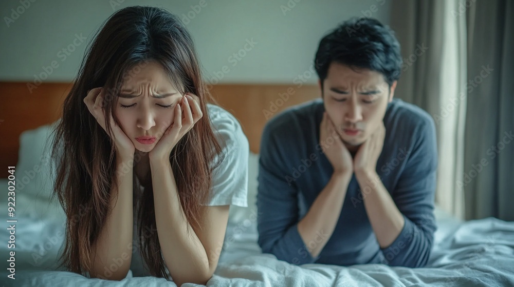 Couple in bedroom showing signs of stress and tension, lying on bed with worried expressions, highlighting relationship difficulties and emotional turmoil. Couple in bedroom showing signs of stress and tension, lying on bed with worried expressions, highlighting relationship difficulties and emotional turmoil.