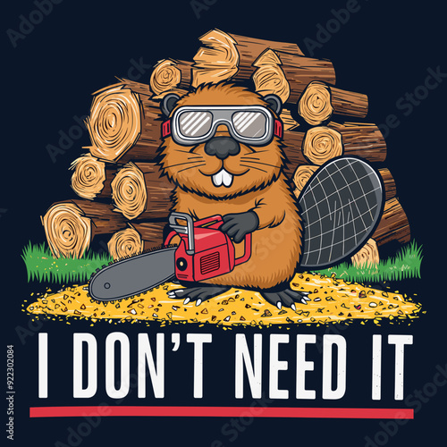Funny Design for T-Shirt - Cartoon Beaver with Chainsaw and Woodpile - I Don't Need It