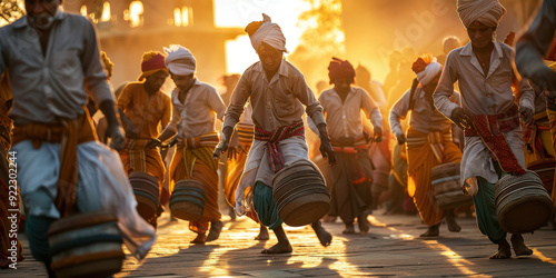 A group of men are playing drums and dancing in the street