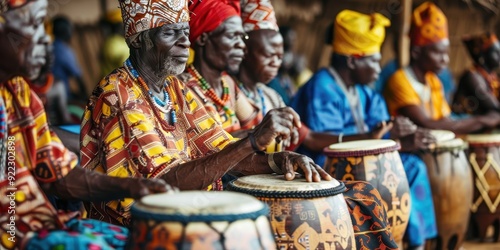 A group of people wearing colorful clothing and playing drums