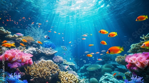 Underwater scene with colorful coral reefs and various fish swimming in clear blue water.