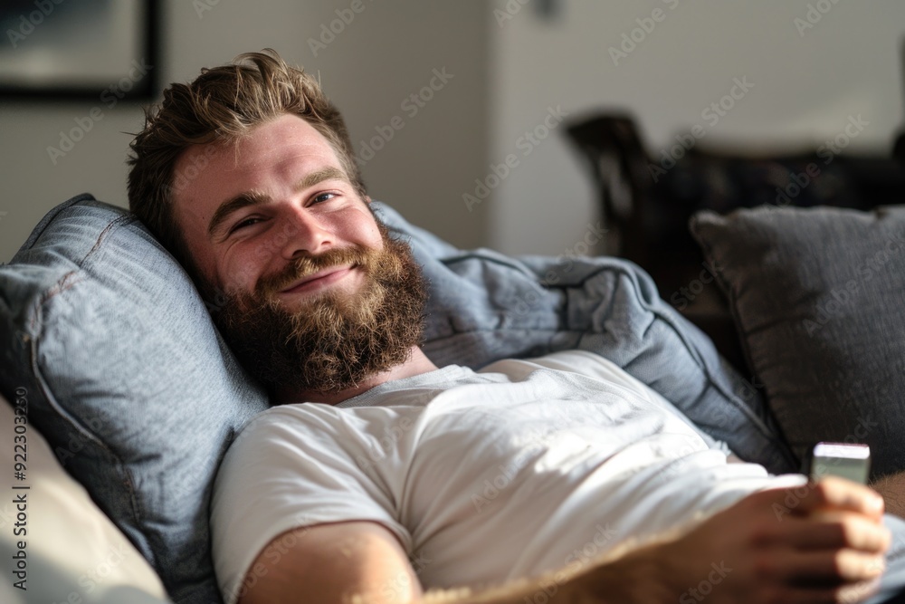 Man Couch. Portrait of a Happy Caucasian Man in Casual Attire Sitting on a Sofa Using a Mobile Phone Man Couch. Portrait of a Happy Caucasian Man in Casual Attire Sitting on a Sofa Using a Mobile Phone